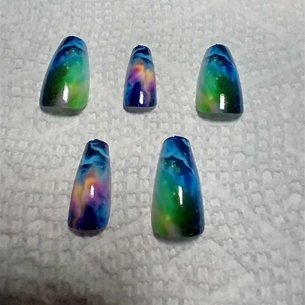 Press on nails green blue pink yellow marble abstract set